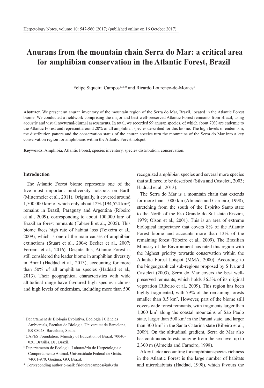 Anurans from the Mountain Chain Serra Do Mar: a Critical Area for Amphibian Conservation in the Atlantic Forest, Brazil