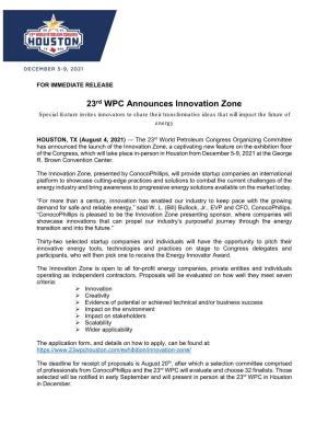 23Rd WPC Announces Innovation Zone Special Feature Invites Innovators to Share Their Transformative Ideas That Will Impact the Future of Energy