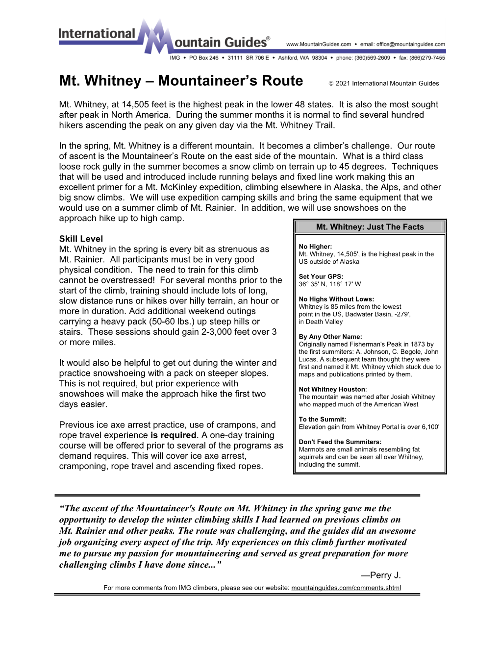Mt. Whitney – Mountaineer’S Route  2021 International Mountain Guides