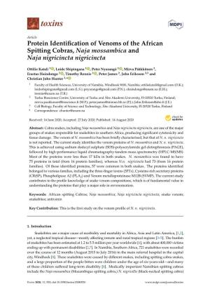 Protein Identification of Venoms of the African Spitting Cobras, Naja Mossambica and Naja Nigricincta Nigricincta