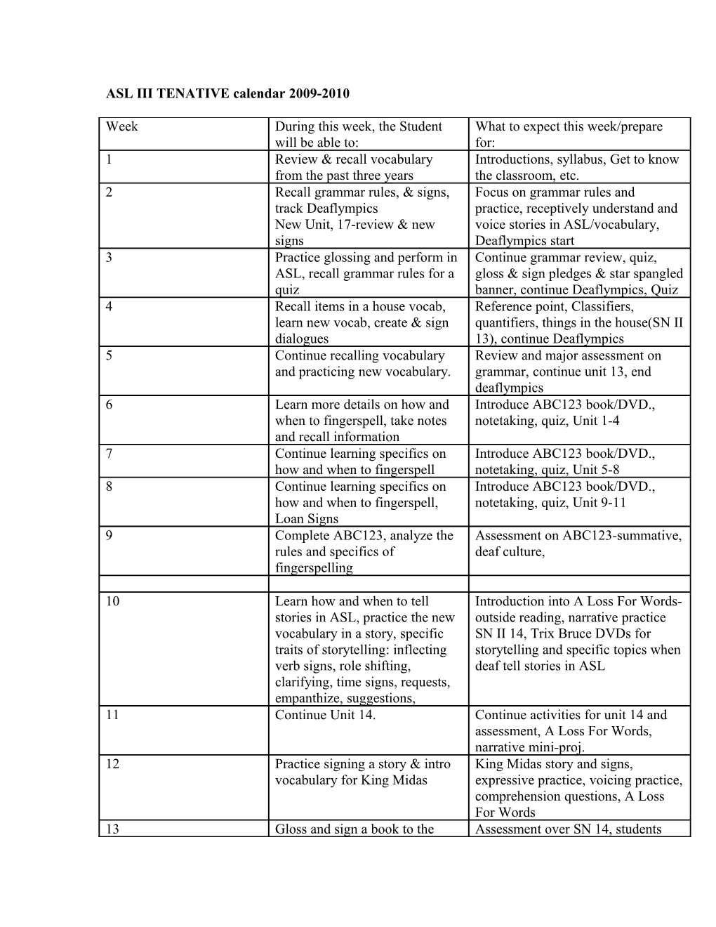 ASL III TENATIVE Calendar