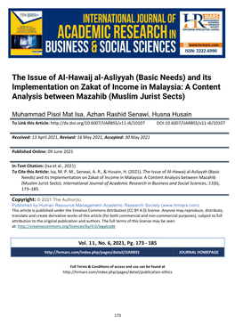The Issue of Al-Hawaij Al-Asliyyah (Basic Needs) and Its Implementation on Zakat of Income in Malaysia: a Content Analysis Between Mazahib (Muslim Jurist Sects)