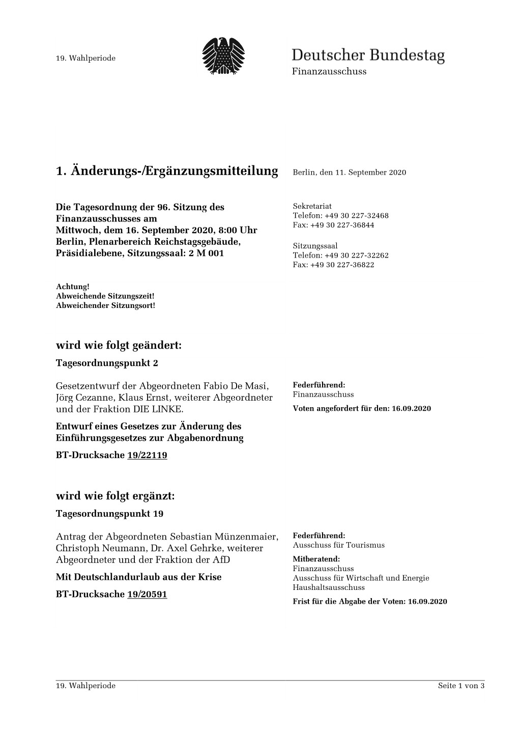 1. Änderungs-/Ergänzungsmitteilung Berlin, Den 11. September 2020