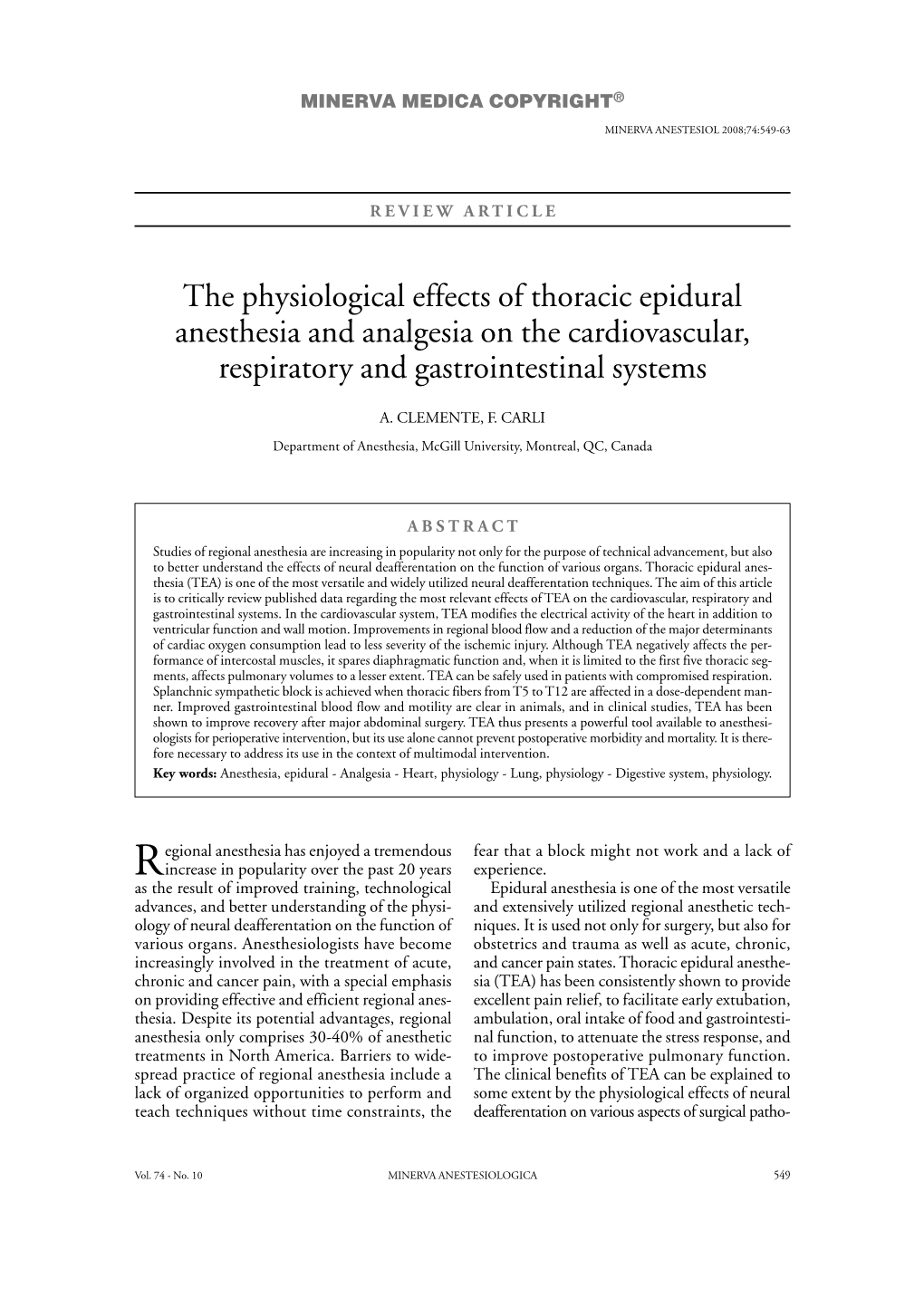 The Physiological Effects of Thoracic Epidural Anesthesia and Analgesia on the Cardiovascular, Respiratory and Gastrointestinal Systems