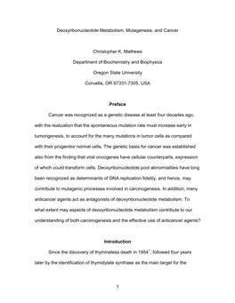 1 Deoxyribonucleotide Metabolism, Mutagenesis, and Cancer