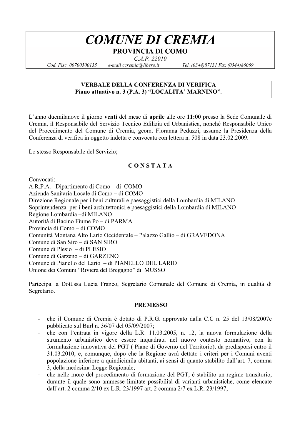 Comune Di Cremia Provincia Di Como C.A.P