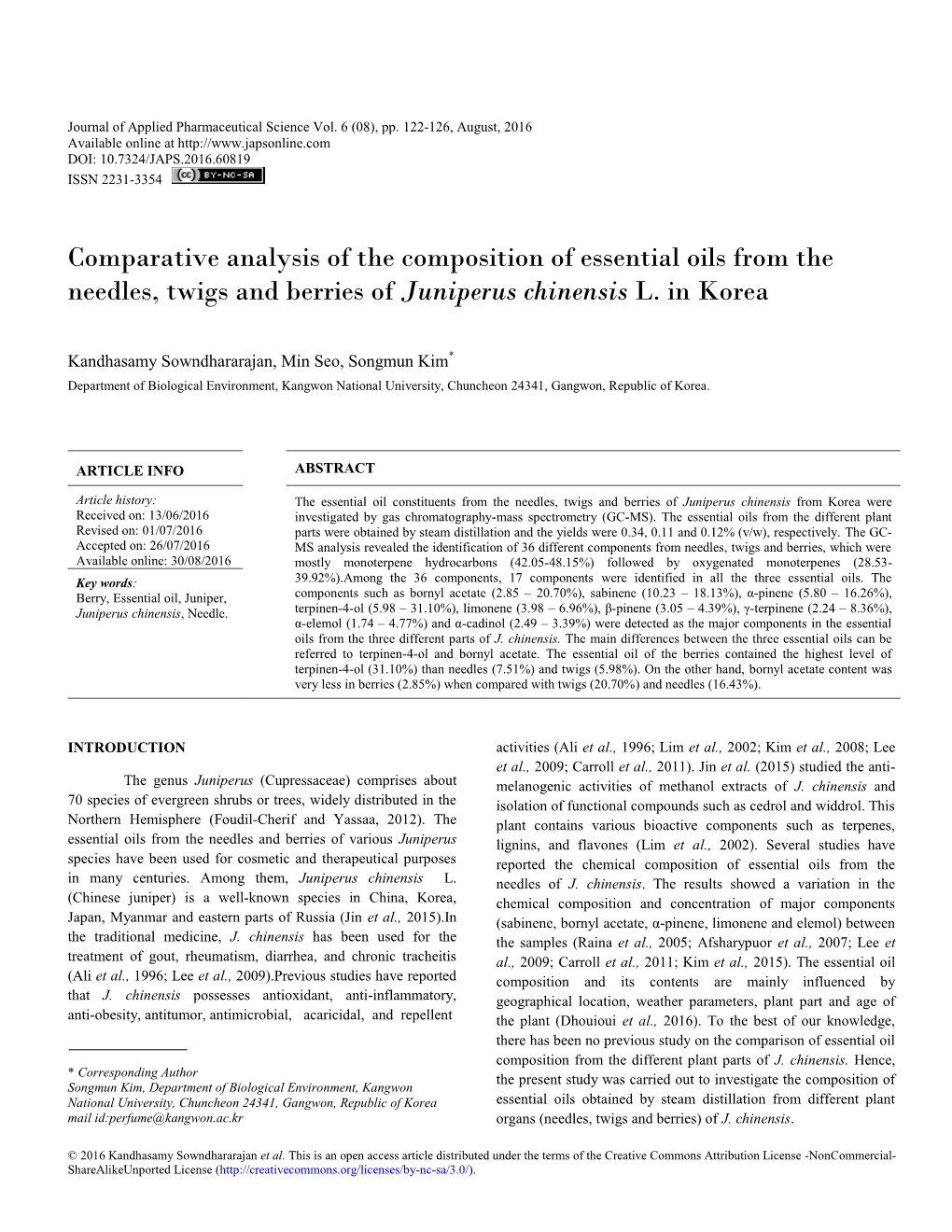 Comparative Analysis of the Composition of Essential Oils from the Needles, Twigs and Berries of Juniperus Chinensis L