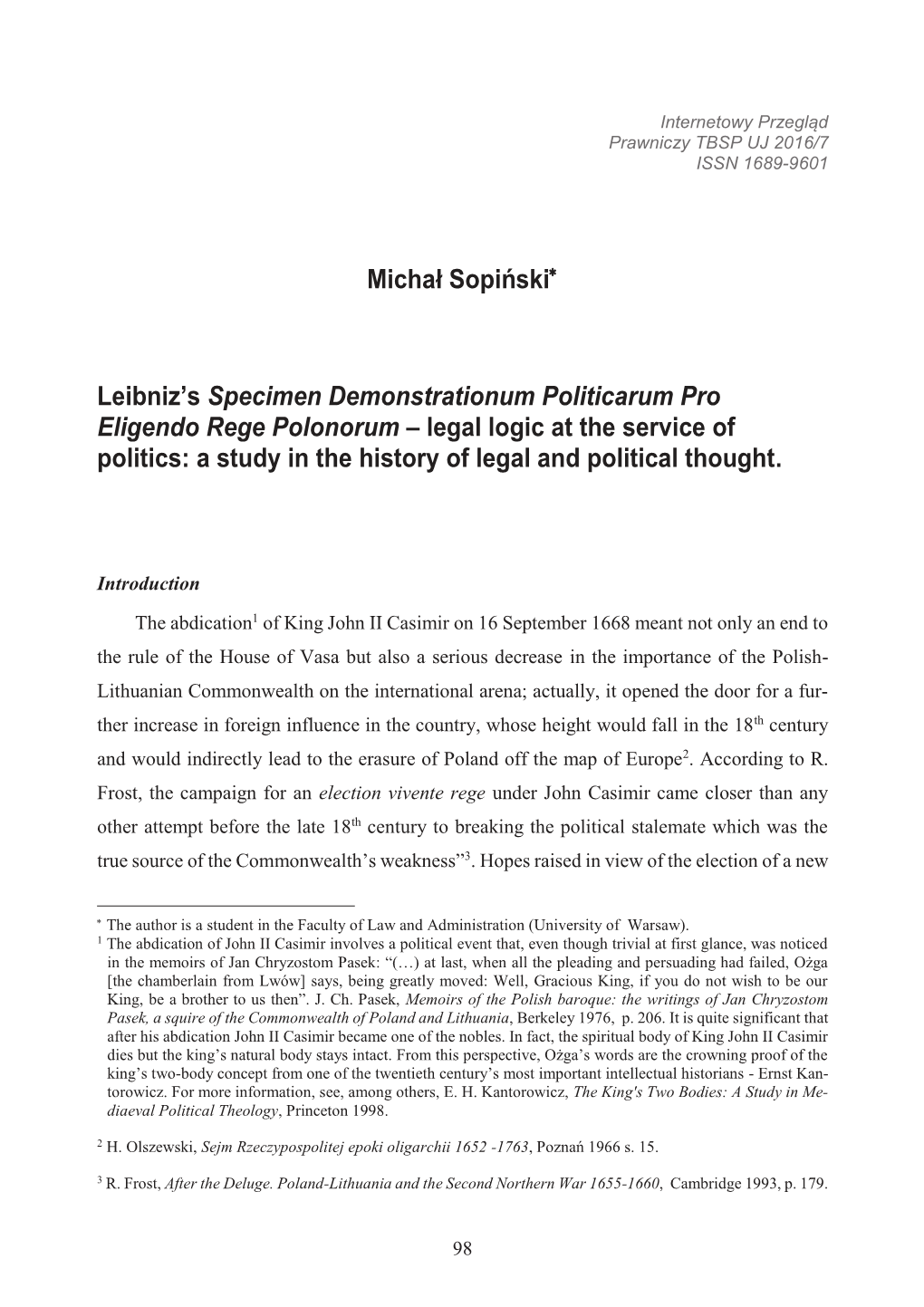Leibniz's Specimen Demonstrationum Politicarum Pro Eligendo Rege
