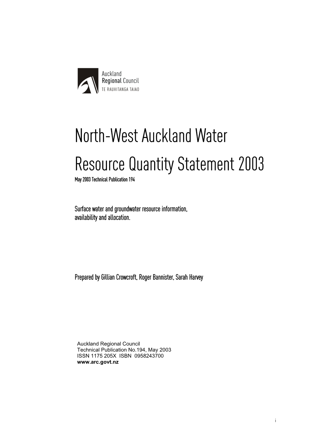 TP194 North-West Auckland Water Resource Quantity Statement 2003