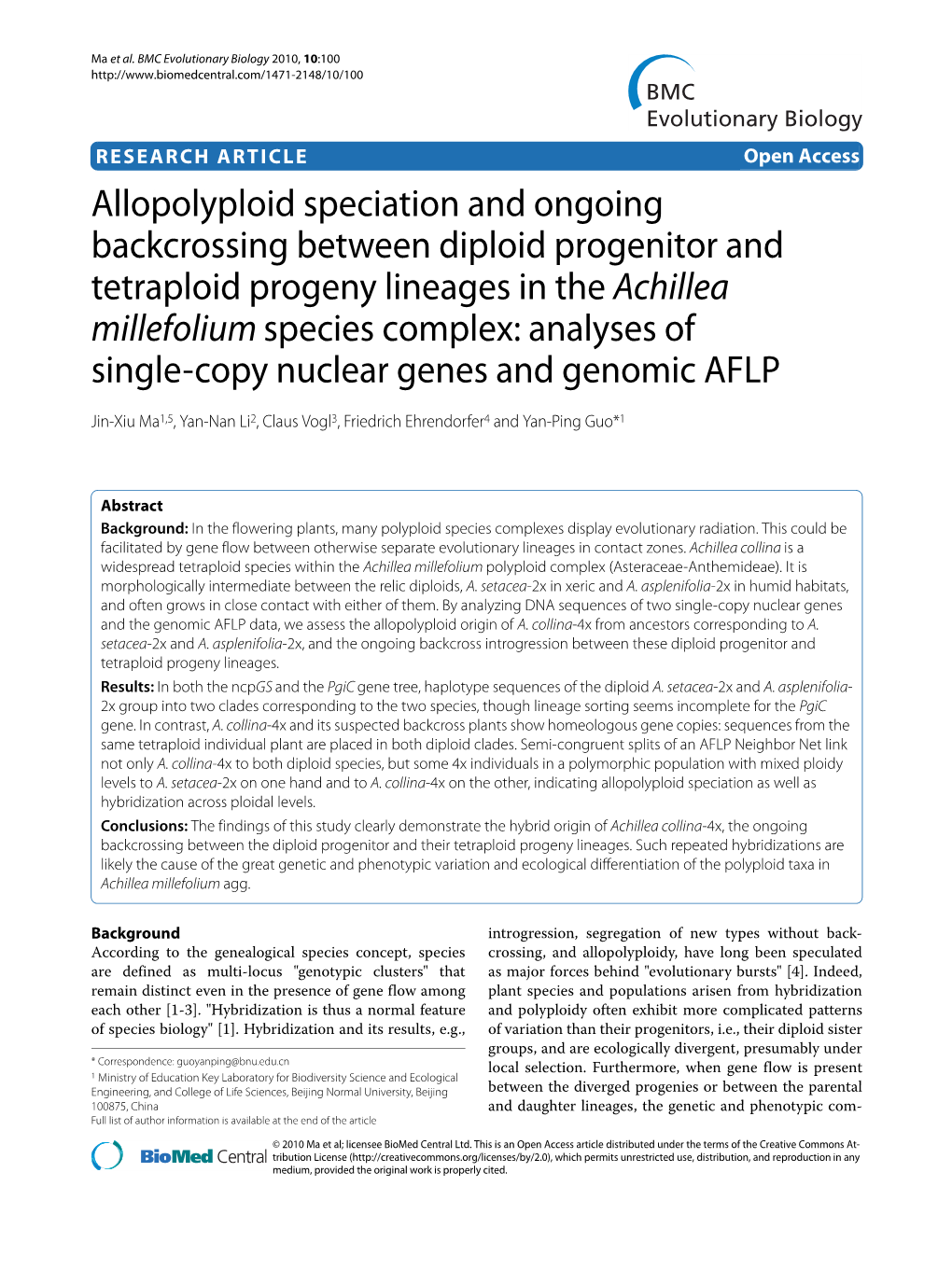 Allopolyploid Speciation and Ongoing Backcrossing Between Diploid Progenitor and Tetraploid Progeny Lineages in the Achillea