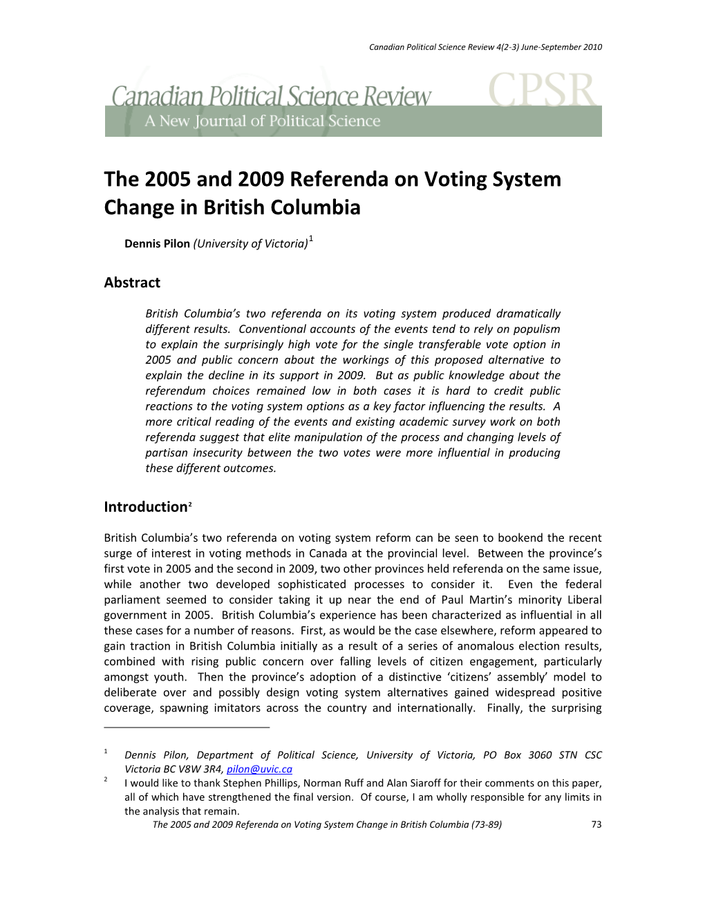 The 2005 and 2009 Referenda on Voting System Change in British Columbia