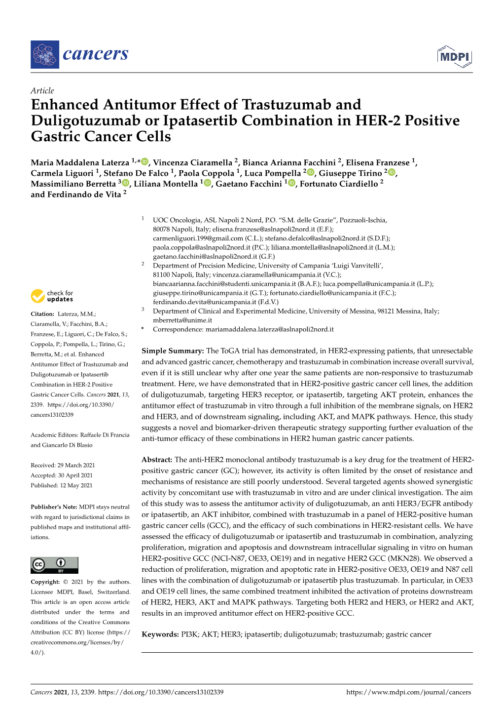 Enhanced Antitumor Effect of Trastuzumab and Duligotuzumab Or Ipatasertib Combination in HER-2 Positive Gastric Cancer Cells