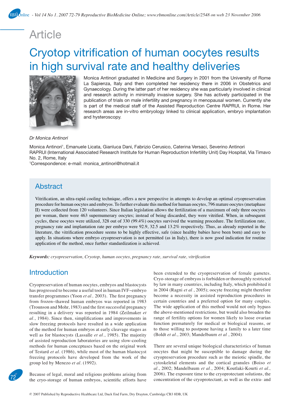 Article Cryotop Vitrification of Human Oocytes Results in High Survival Rate and Healthy Deliveries