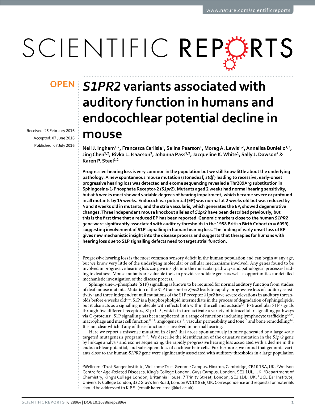 S1PR2 Variants Associated with Auditory Function in Humans