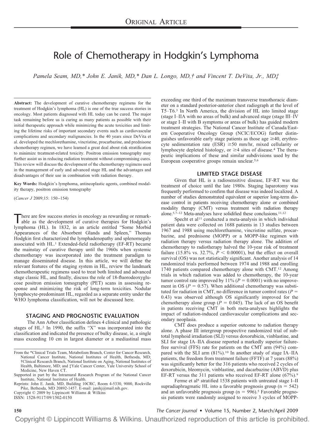 Role of Chemotherapy in Hodgkin's Lymphoma