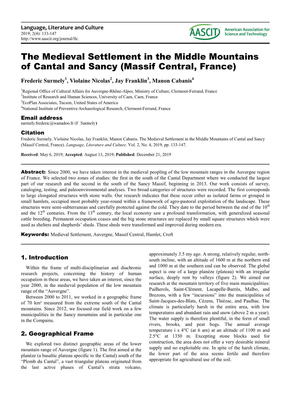 The Medieval Settlement in the Middle Mountains of Cantal and Sancy (Massif Central, France)