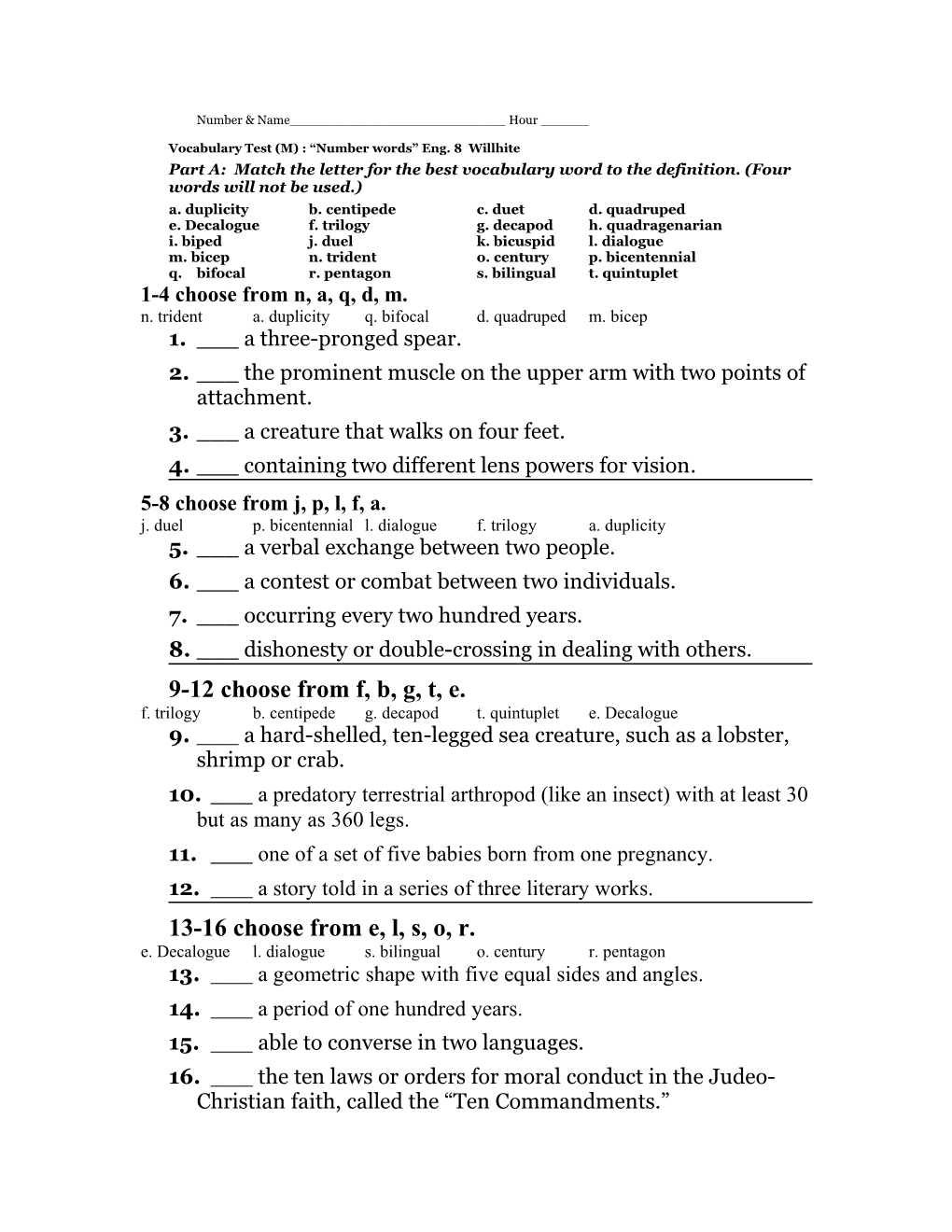 Vocabulary Test (M) : Number Words Eng. 8 Willhite