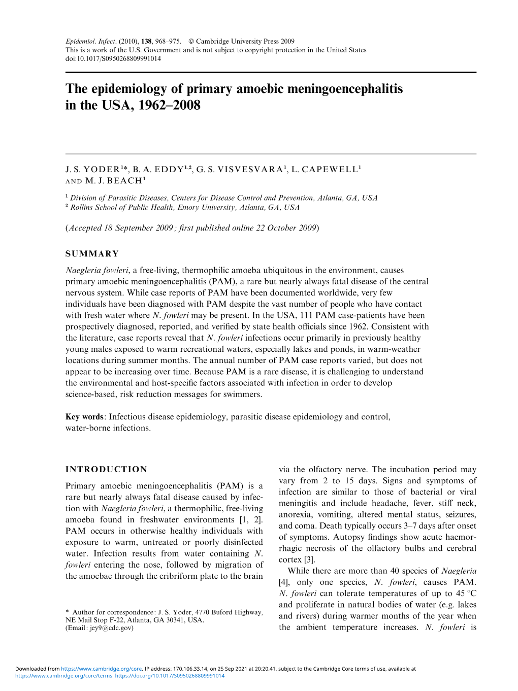 The Epidemiology of Primary Amoebic Meningoencephalitis in the USA, 1962–2008