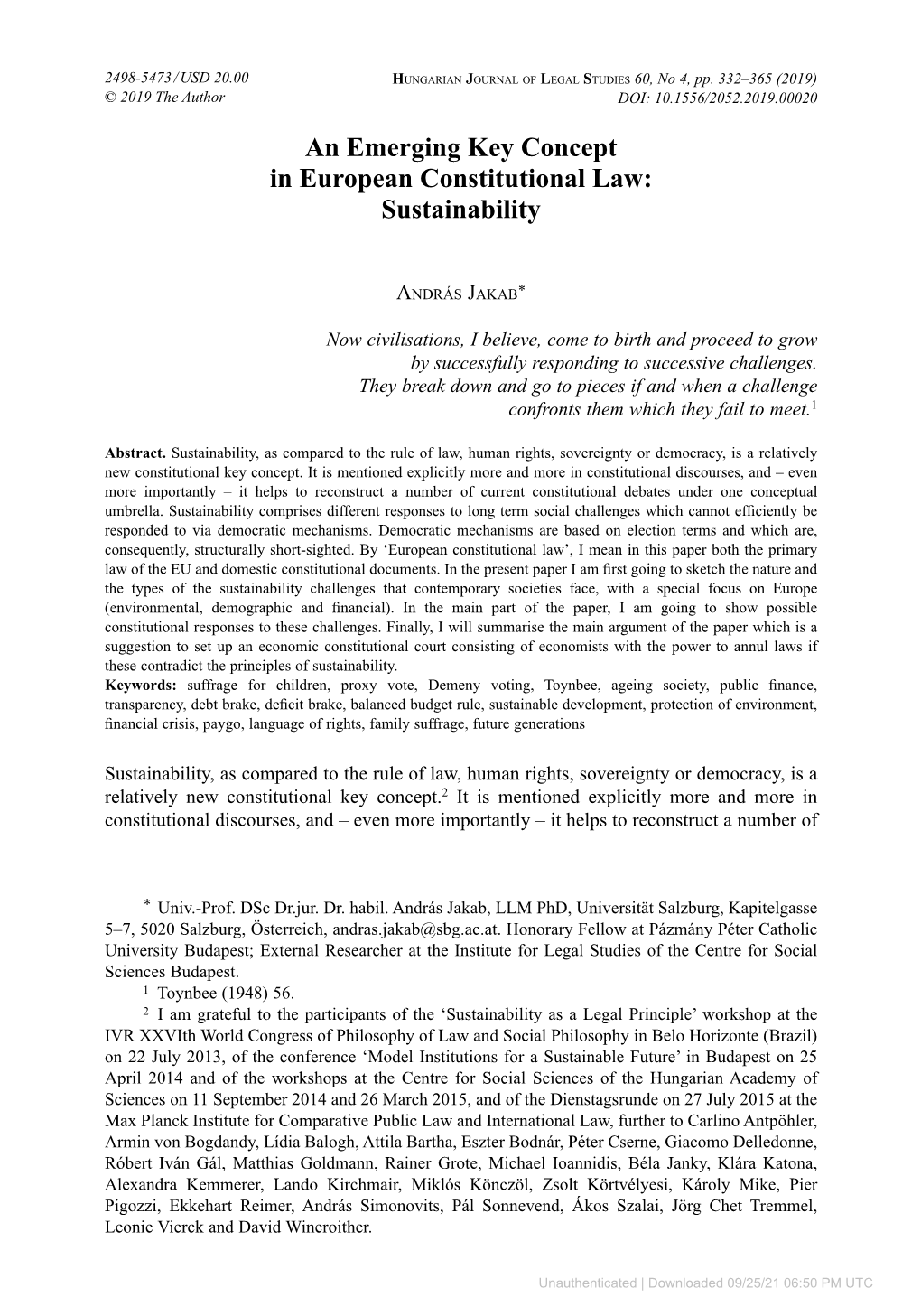 An Emerging Key Concept in European Constitutional Law: Sustainability