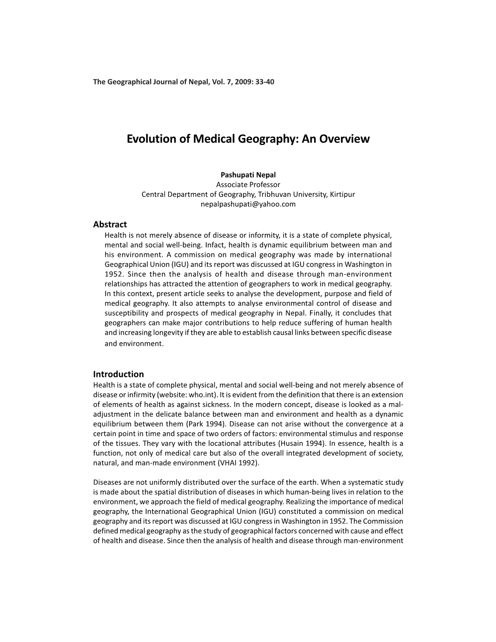 Evolution of Medical Geography: an Overview