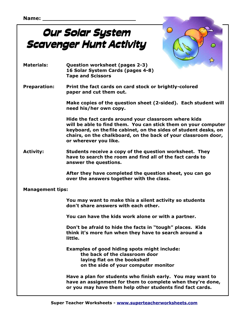 Our Solar System Scavenger Hunt Activity