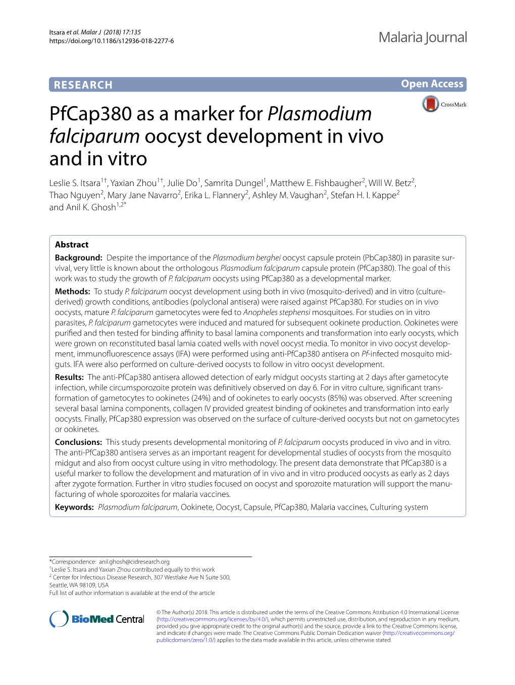 Plasmodium Falciparum Oocyst Development in Vivo and in Vitro Leslie S