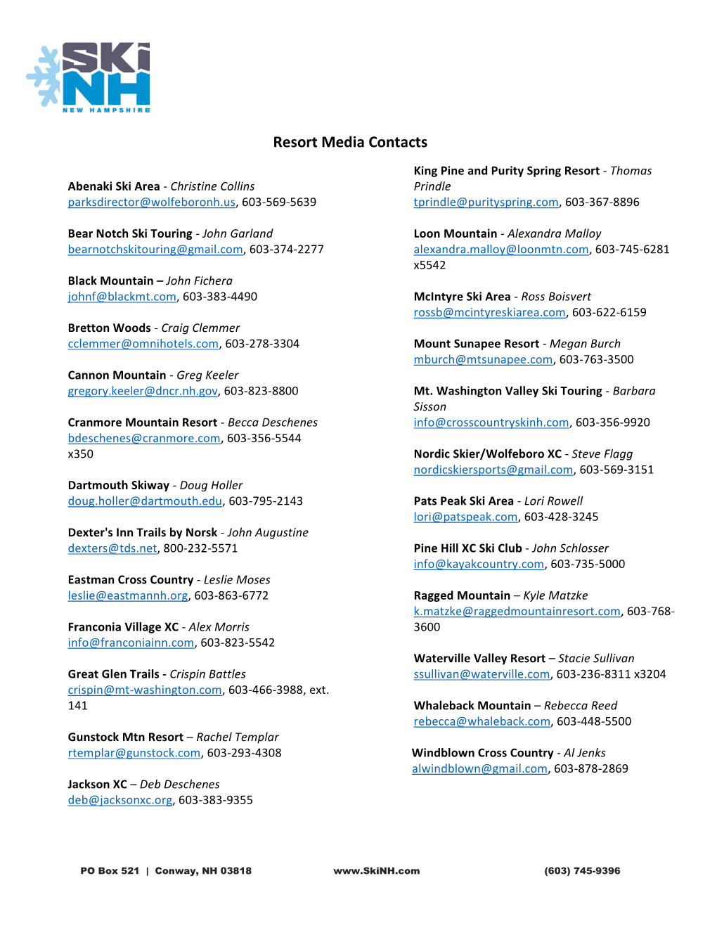 Resort Media Contacts