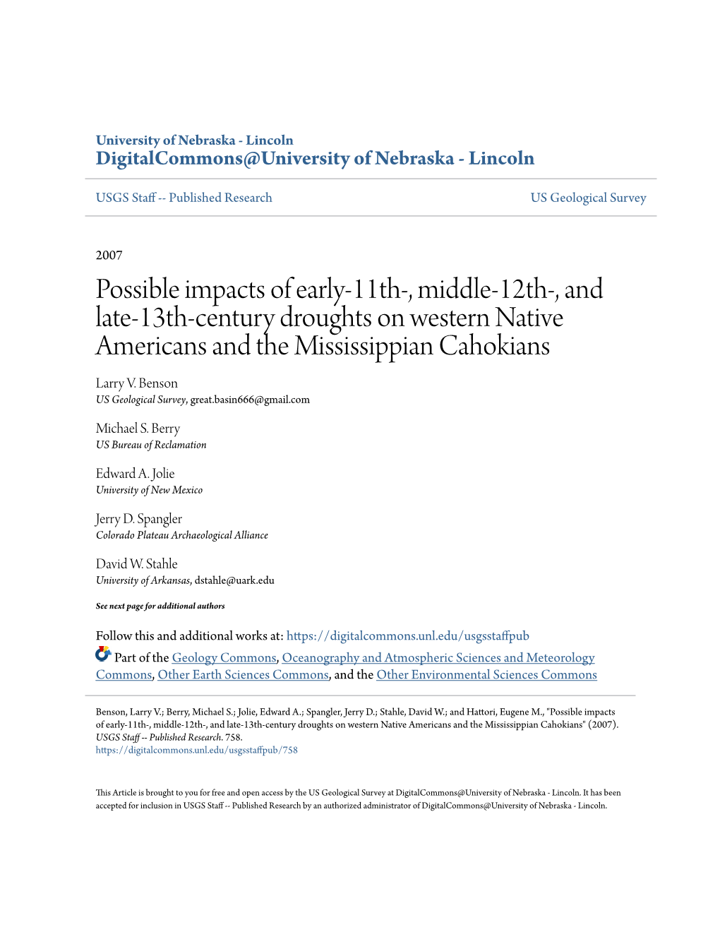 Possible Impacts of Early-11Th-, Middle-12Th-, and Late-13Th-Century Droughts on Western Native Americans and the Mississippian Cahokians Larry V