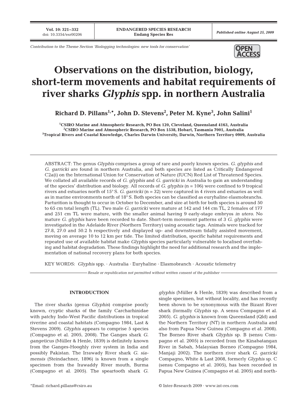 Observations on the Distribution, Biology, Short-Term Movements and Habitat Requirements of River Sharks Glyphis Spp