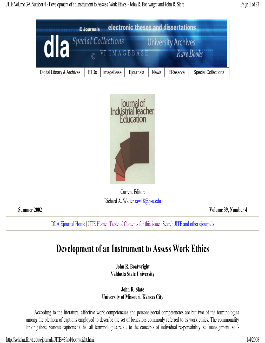 Development of an Instrument to Assess Work Ethics - John R