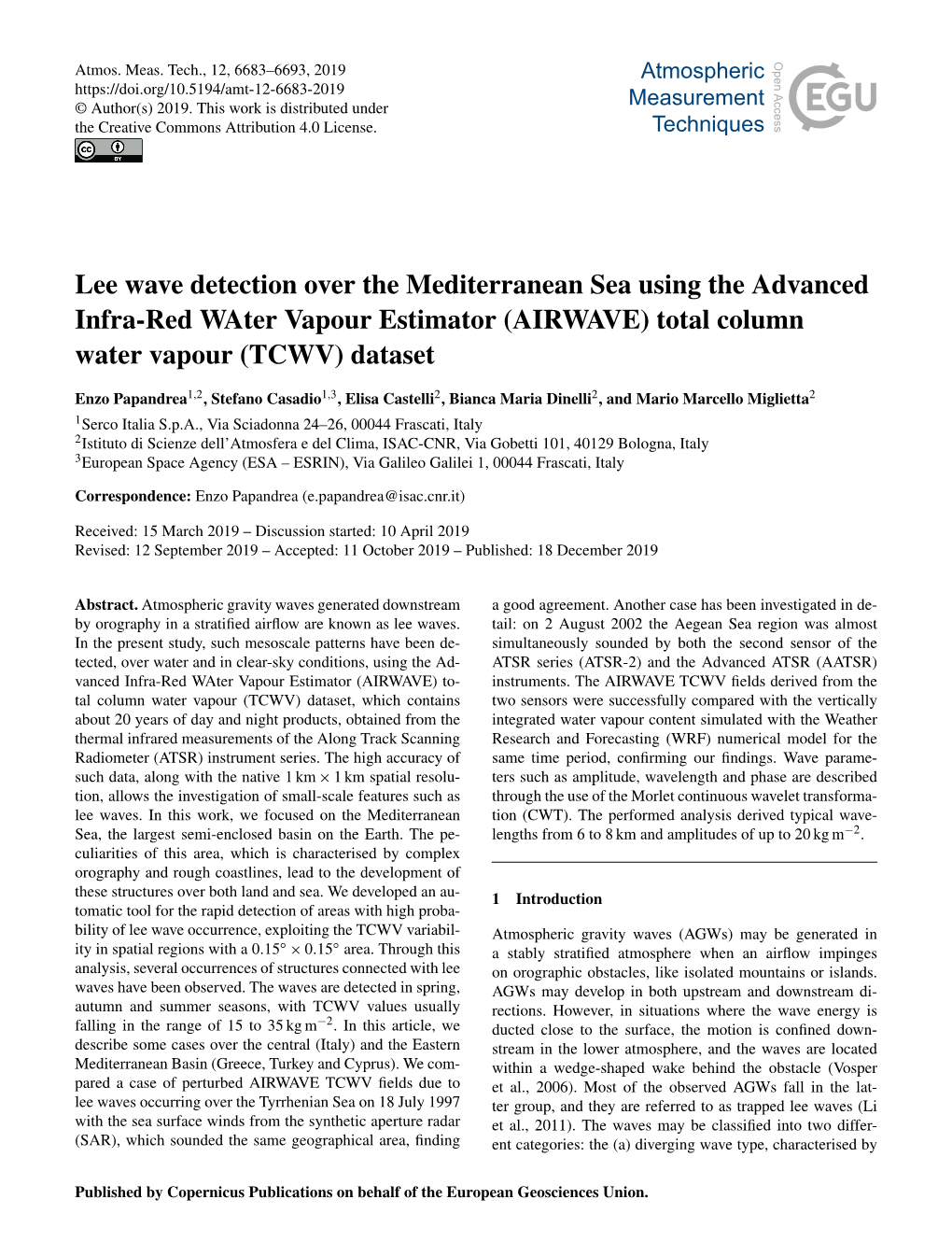 Lee Wave Detection Over the Mediterranean Sea Using the Advanced Infra-Red Water Vapour Estimator (AIRWAVE) Total Column Water Vapour (TCWV) Dataset