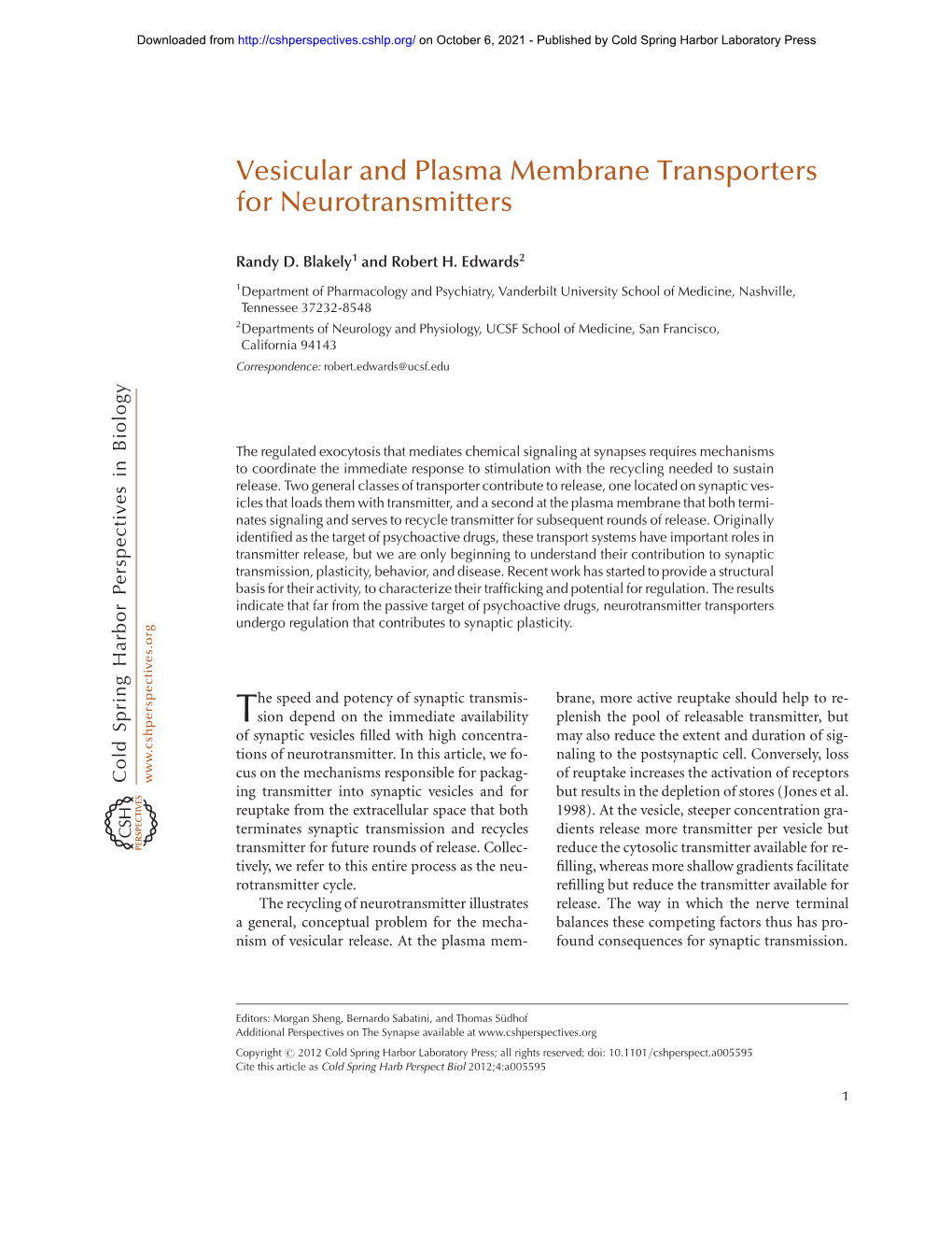 Vesicular and Plasma Membrane Transporters for Neurotransmitters