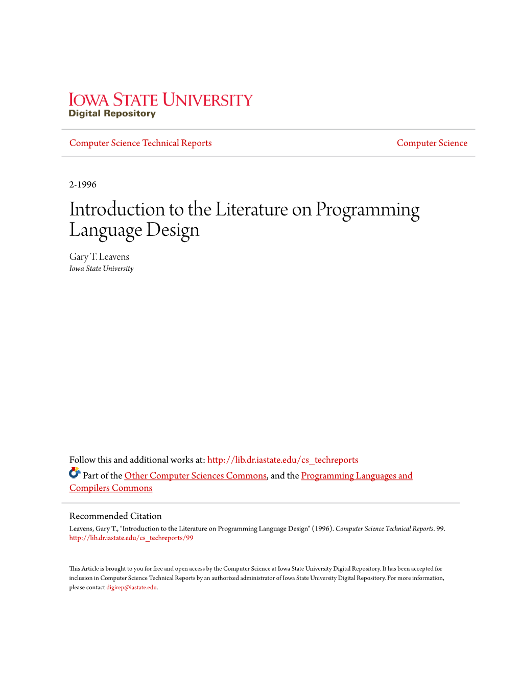 Introduction to the Literature on Programming Language Design Gary T