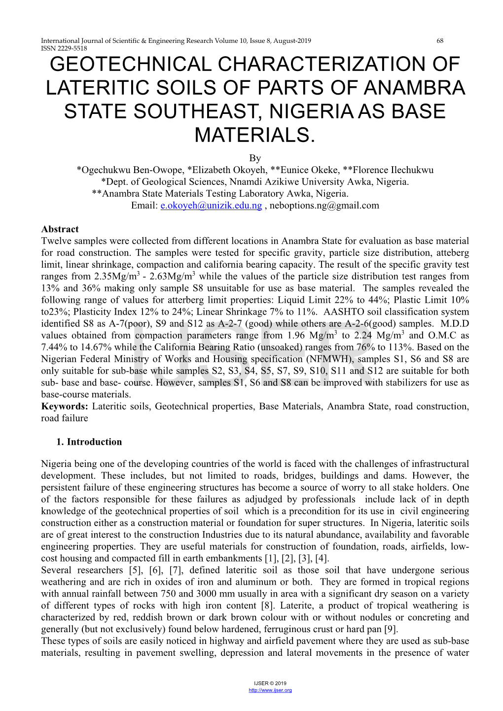 Geotechnical Characterization of Lateritic Soils of Parts of Anambra State Southeast, Nigeria As Base Materials