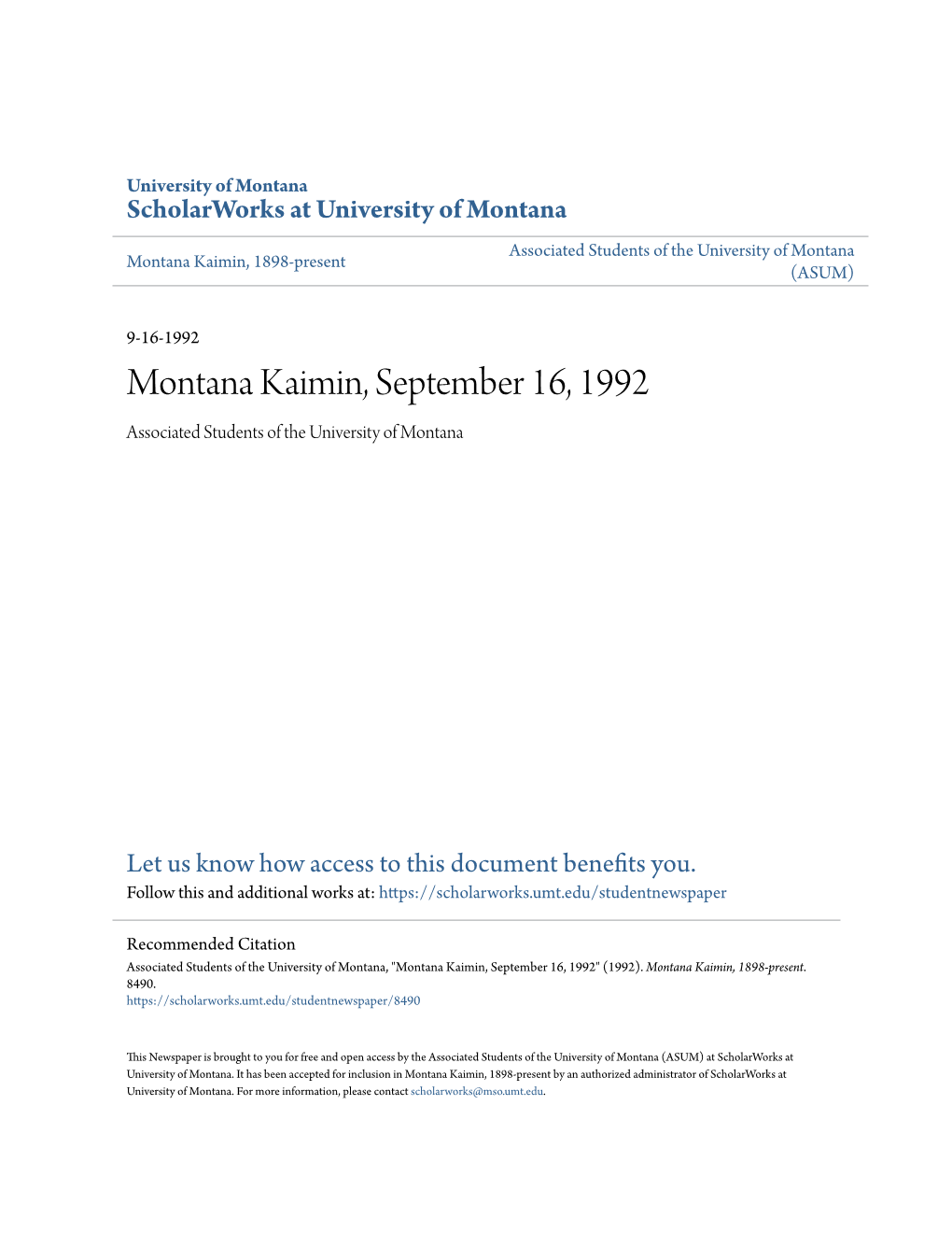 Montana Kaimin, September 16, 1992 Associated Students of the University of Montana