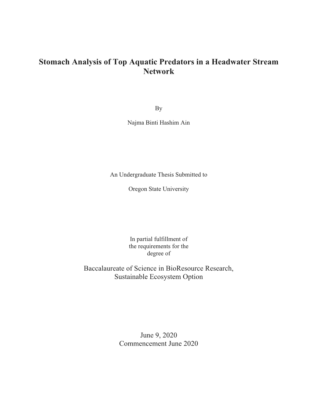 Stomach Analysis of Top Aquatic Predators in a Headwater Stream Network