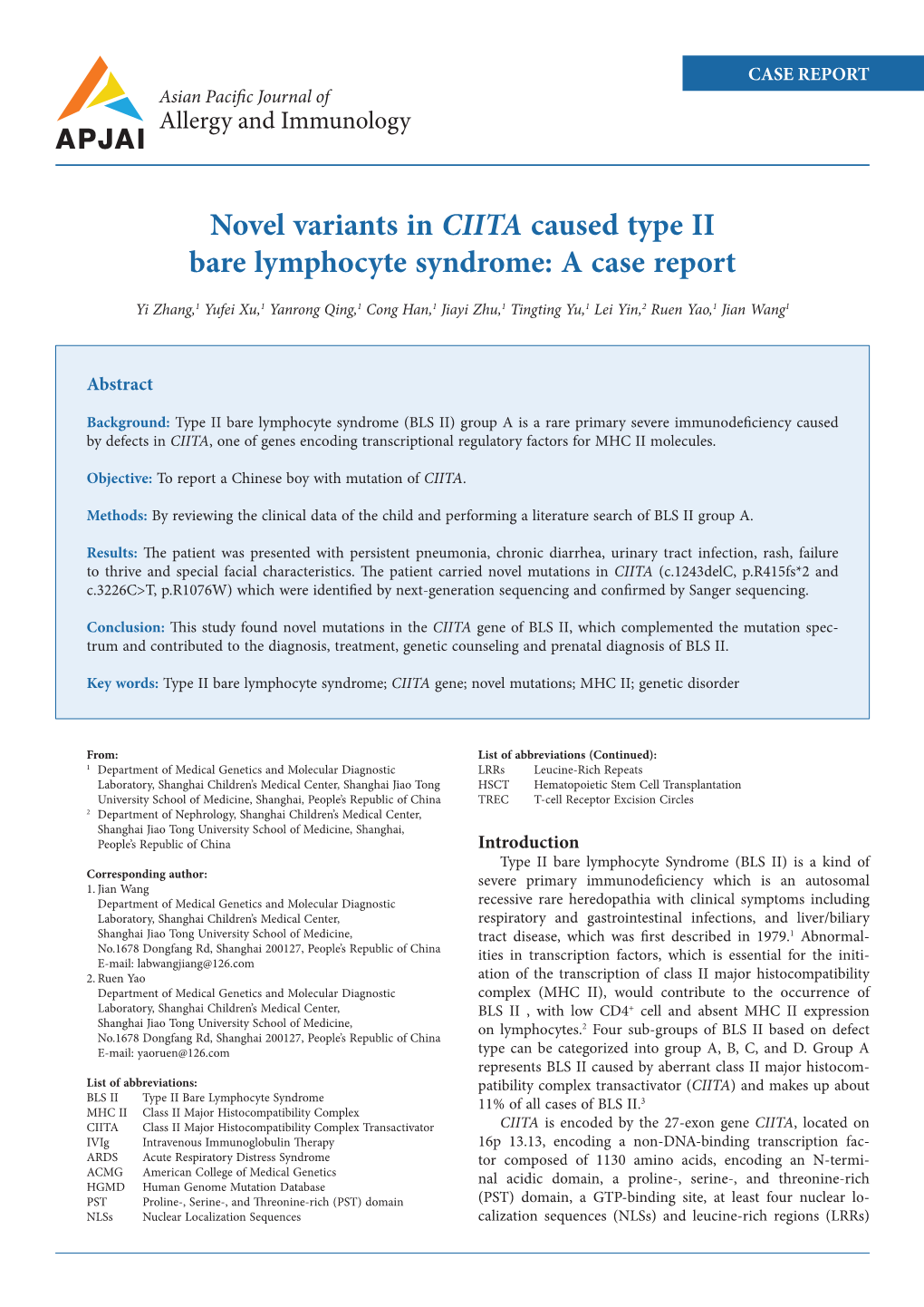 Novel Variants in CIITA Caused Type II Bare Lymphocyte Syndrome: a Case Report