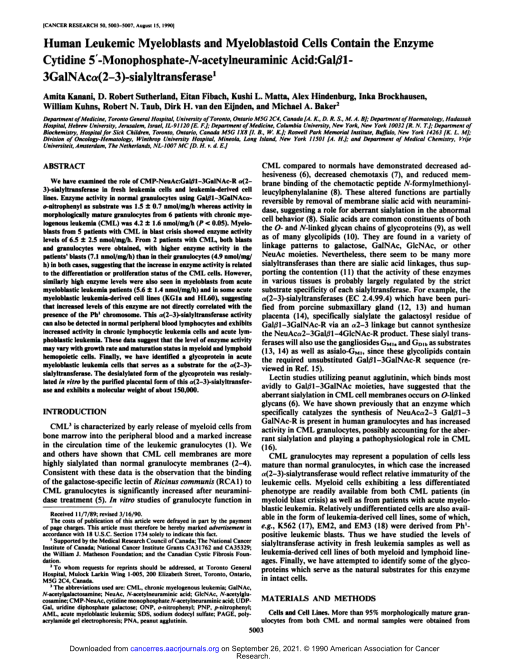 Human Leukemic Myeloblasts and Myeloblastoid Cells Contain the Enzyme Cytidine 5 -Monophosphate-Jv-Acetylneuraminic Acid:Galãÿl- 3Galnaca(2-3)-Sialyltransferase1