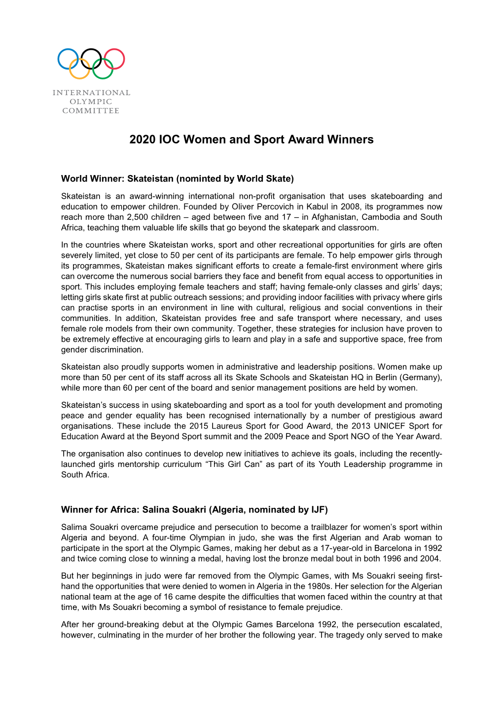 2020 IOC Women and Sport Award Winners