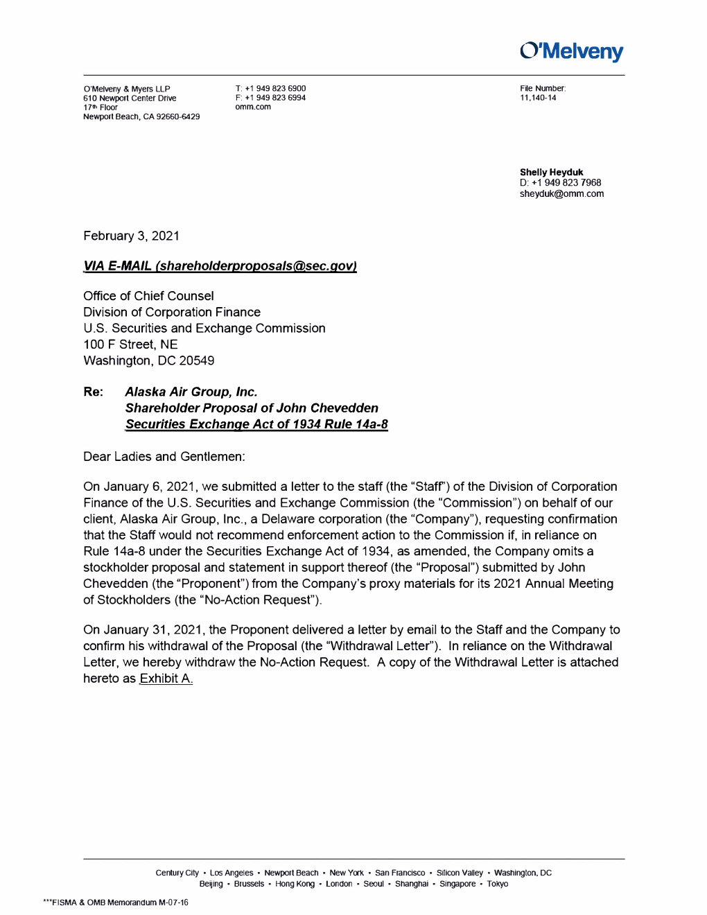 Alaska Air Group, Inc. Shareholder Proposal of John Chevedden Securities Exchange Act of 1934 Rule 14A-8