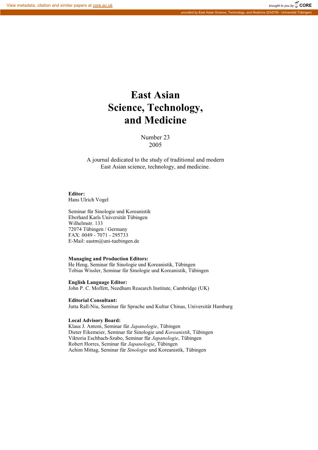 East Asian Science, Technology, and Medicine (EASTM - Universität Tübingen)