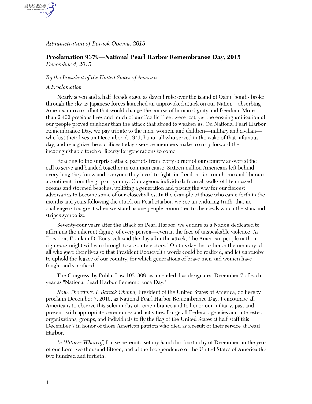 Administration of Barack Obama, 2015 Proclamation 9379—National