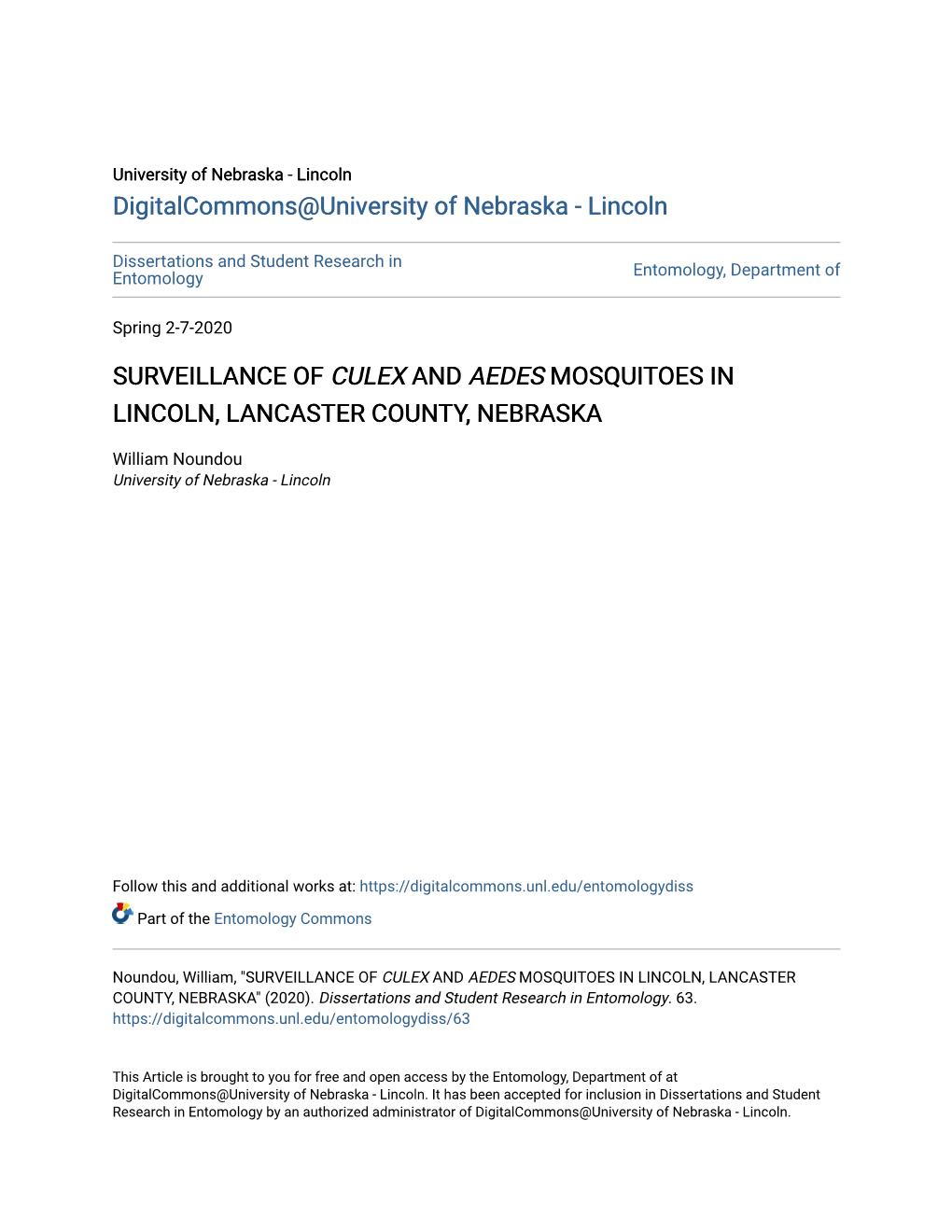 Surveillance of Culex and Aedes Mosquitoes in Lincoln, Lancaster County, Nebraska