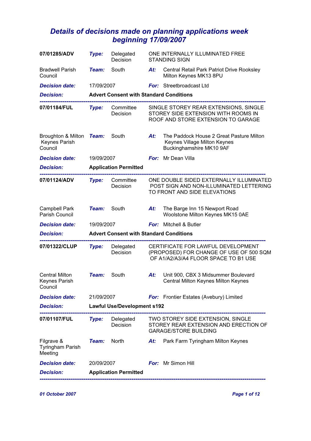 Details of Decisions Made on Planning Applications Week Beginning 17/09/2007