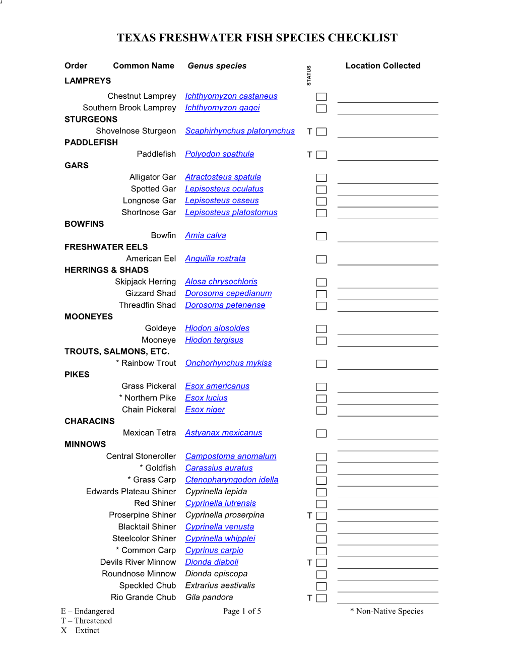 Texas Freshwater Fish Species Checklist