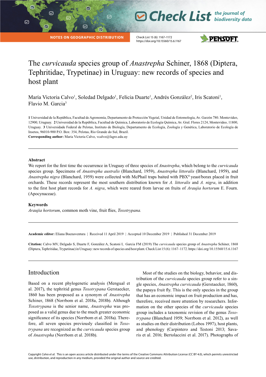 Curvicauda Species Group of Anastrepha Schiner, 1868 (Diptera, Tephritidae, Trypetinae) in Uruguay: New Records of Species and Host Plant