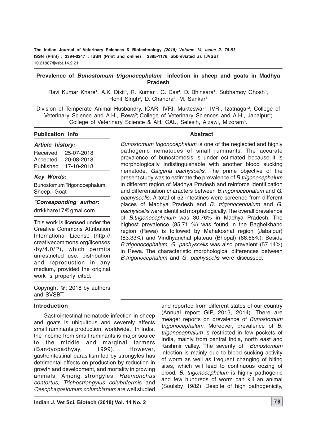 B.Trigonocephalum, G. Pachyscelis Was Also Prevalent (57.14%) /By/4.0/P), Which Permits in Rewa