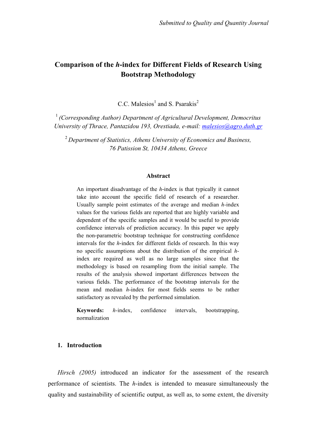 Comparison of the H-Index for Different Fields of Research Using Bootstrap Methodology