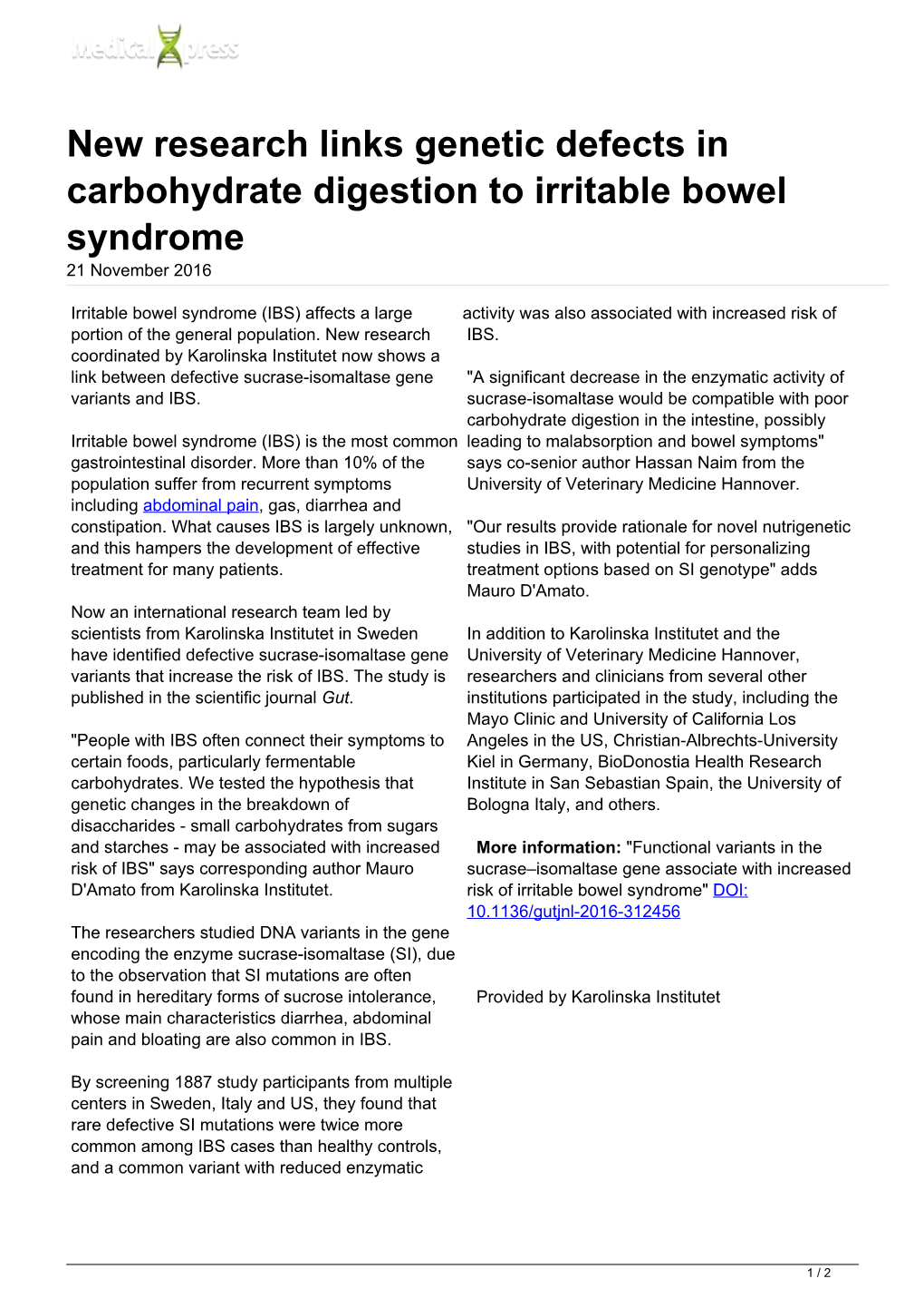 New Research Links Genetic Defects in Carbohydrate Digestion to Irritable Bowel Syndrome 21 November 2016