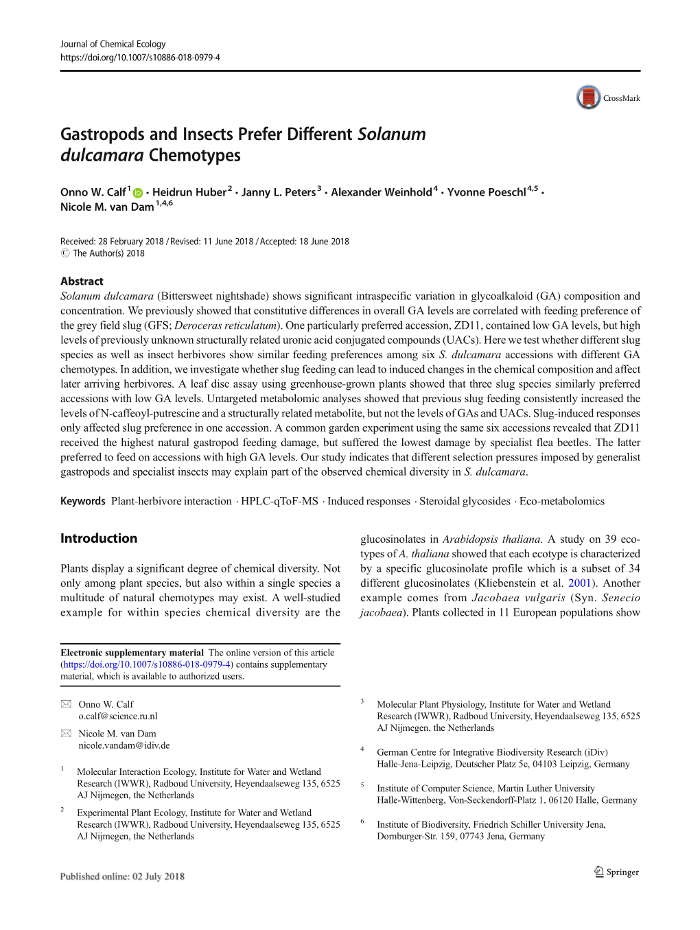 Gastropods and Insects Prefer Different Solanum Dulcamara Chemotypes